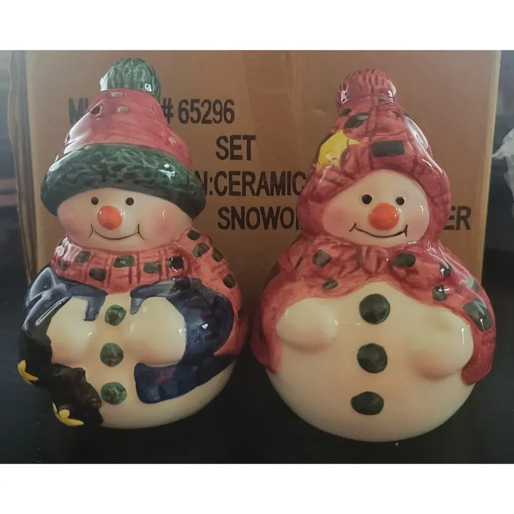 Vtg 2000s Mr. & Mrs. Snowman Salt & Pepper Shaker Set Christmas Ceramic W/Box